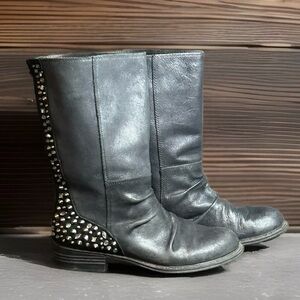 REBA BLACK LEATHER EMBELLISHED MID-CALF BOOTS SZ 8 M